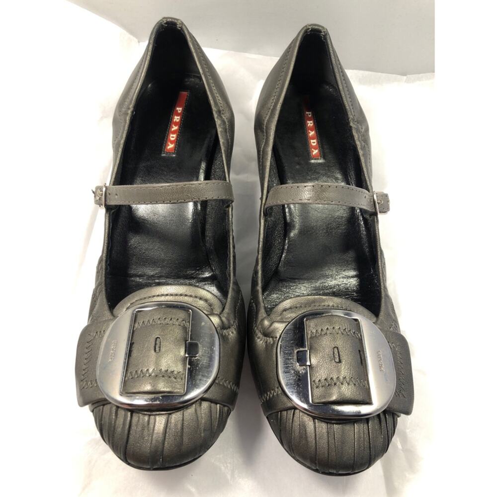 Prada Silver Leather Buckle Stacked Block Heel